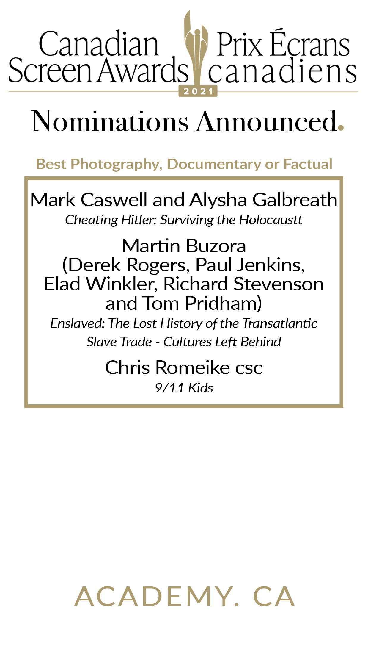 2021 CSA Award Nominees Canadian Society of Cinematographers